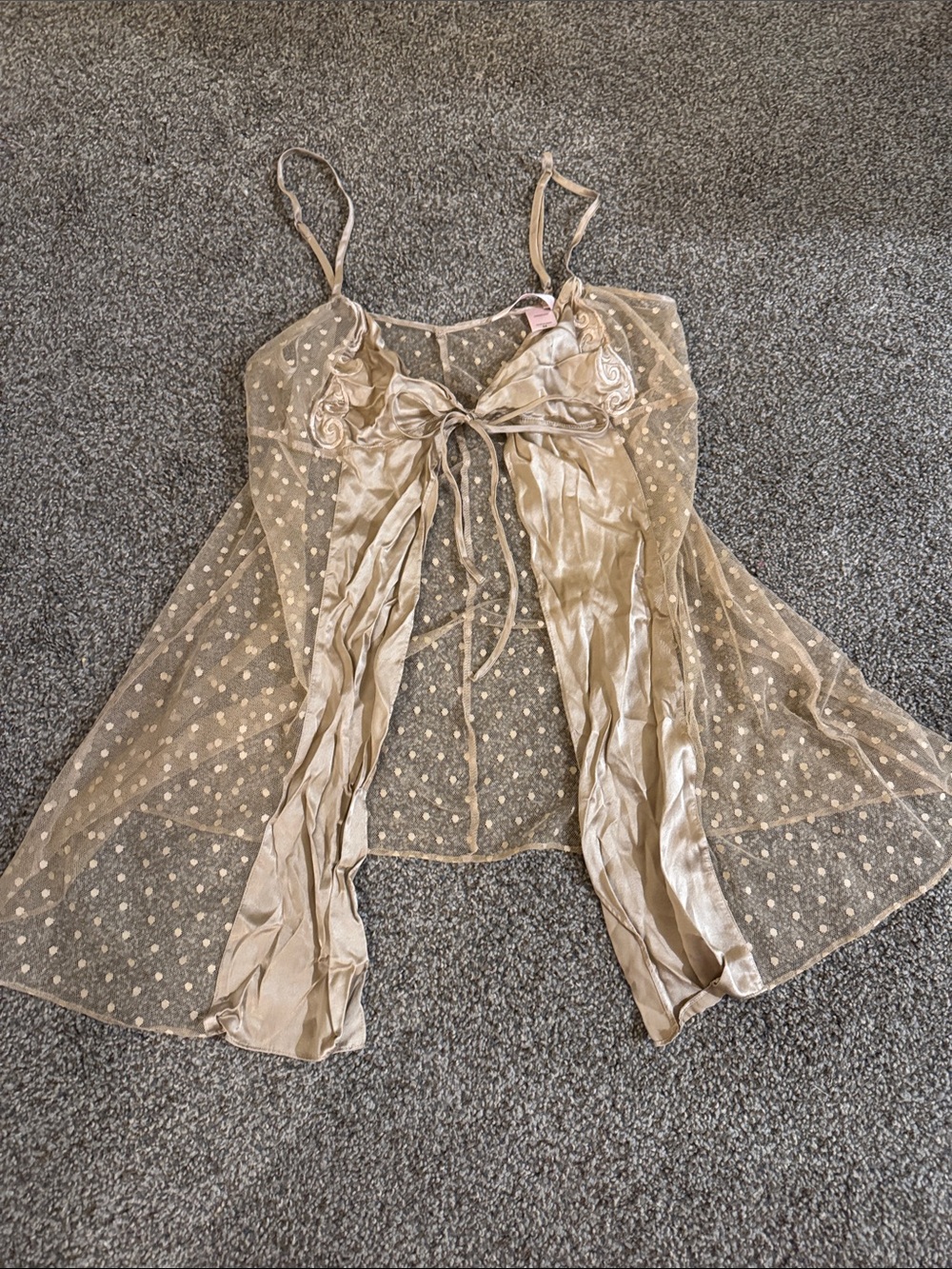 Victoria’s Secret Sheer Polka Dot Satin Trim Babydoll Chemise Slip Champagne/Tan